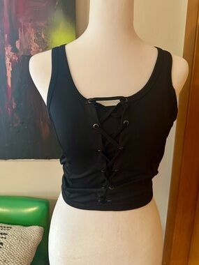 Material Girl Black Lace-Up Crop Tank